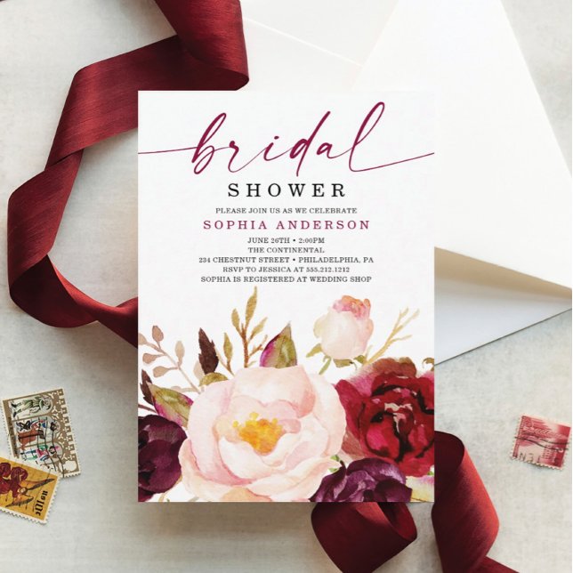 Boho Burgundy Floral Bridal Shower Invitation (Creator Uploaded)