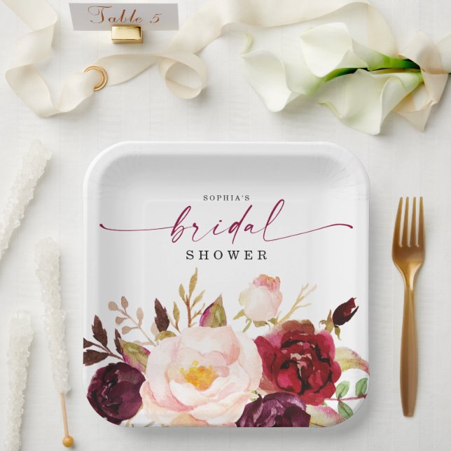 Boho Burgundy Floral Bridal Shower Paper Plates (Wedding)