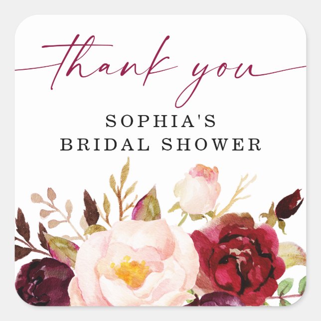 Boho Burgundy Floral Bridal Shower Thank You Square Sticker (Front)