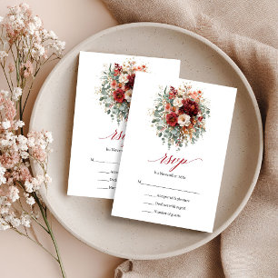 Boho Burgundy Floral Eucalyptus Fall RSVP Card