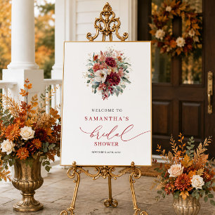 Boho burgundy floral fall bridal shower welcome si poster