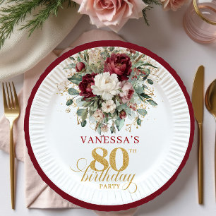 Boho Burgundy Floral Gold 80th Birthday Paper Plate