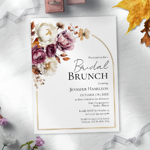 Boho Burgundy Floral Gold Arch Fall Bridal Brunch Invitation