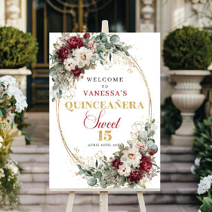 Boho Burgundy Floral Gold Quinceanera Welcome Sign