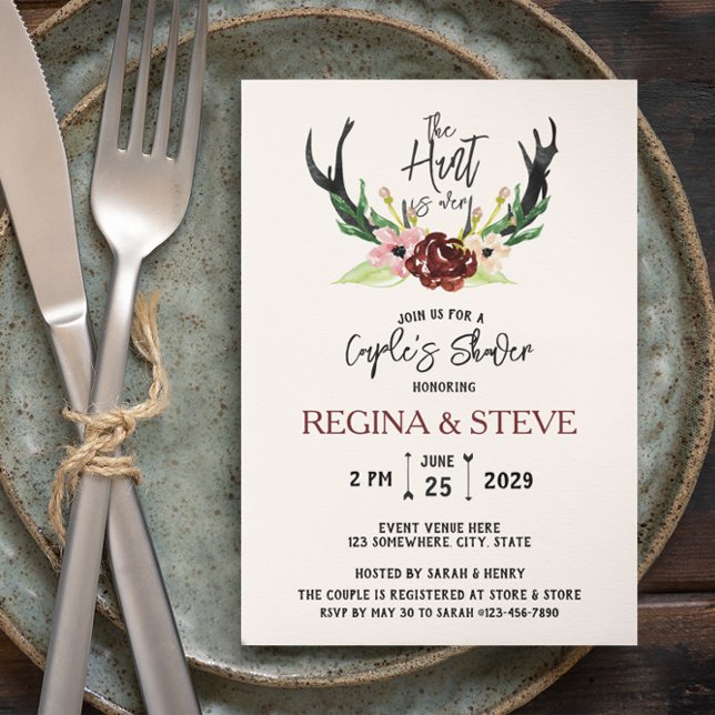 Boho Burgundy Floral Hunt is Over Couple's Shower Invitation (Creator Uploaded)