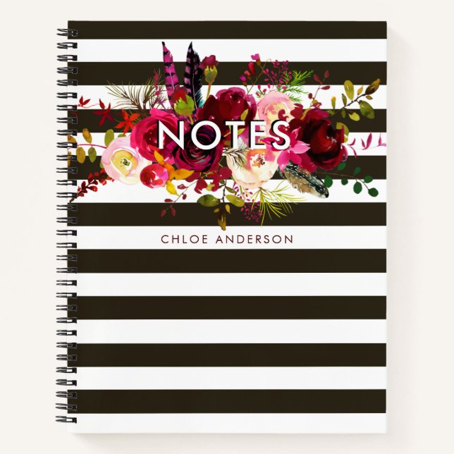 Boho Burgundy Floral Notes with Stripes Notebook (Front)