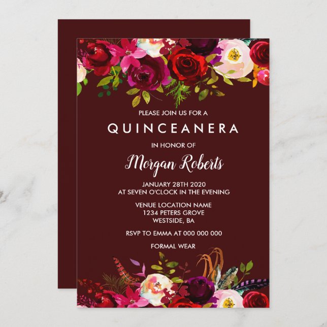 Boho Burgundy Floral Quinceanera 15th Birthday Invitation (Front/Back)