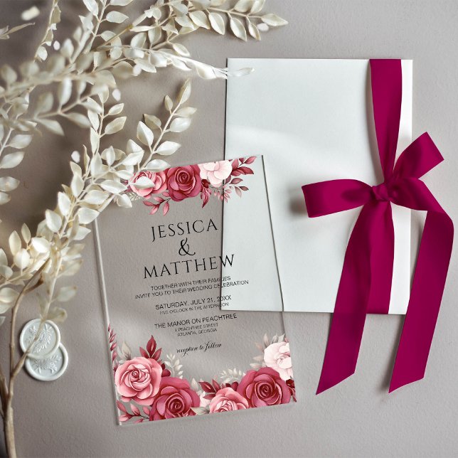 Boho Burgundy Floral Wedding Acrylic Invitations (Creator Uploaded)