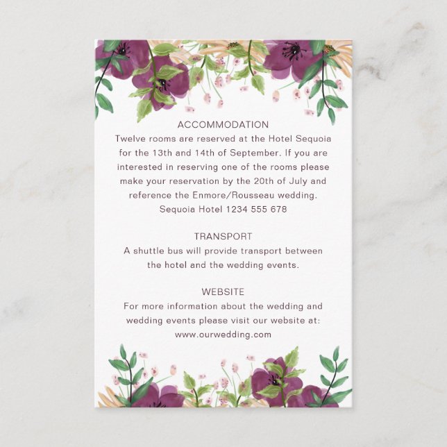 Boho burgundy floral wedding guest information enclosure card (Front)