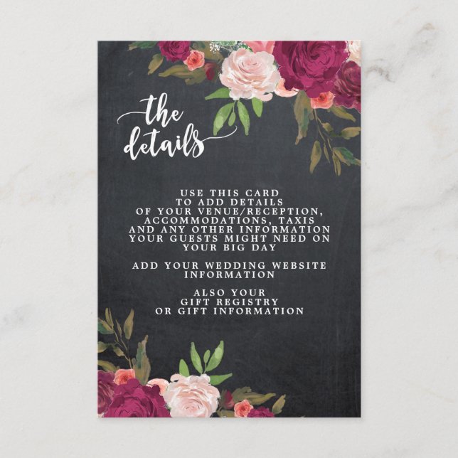 boho burgundy floral wedding information card (Front)