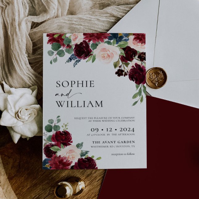 Boho Burgundy Floral Wedding Invitation (Creator Uploaded)