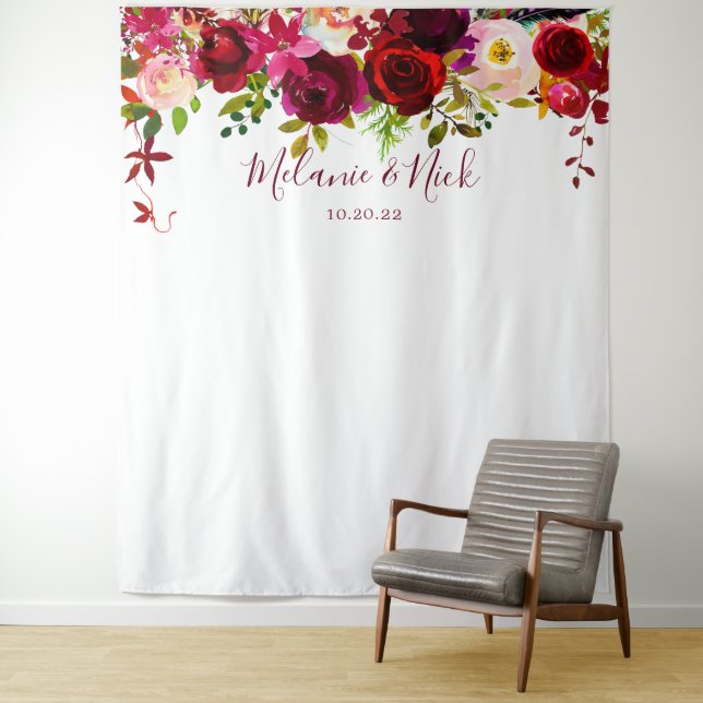 Boho Burgundy Floral wedding photo backdrop Tapestry (In Situ)