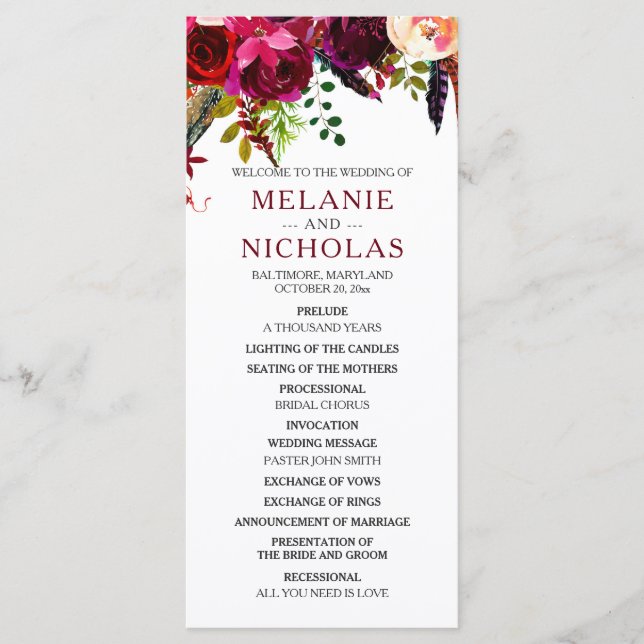 Boho Burgundy Floral Wedding Program,  3979 Program (Front)