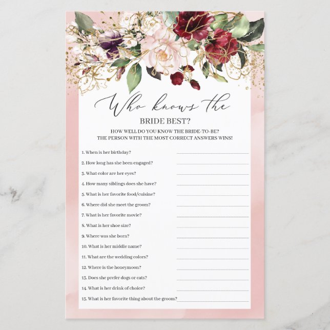 Boho Burgundy Floral Who Knows Bride Best Game (Front)