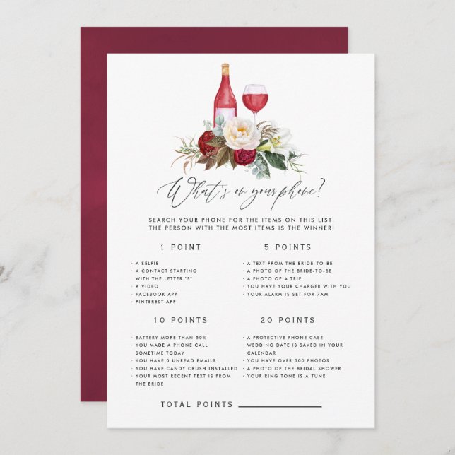 Boho Burgundy Floral Wine Tasting Bridal Shower Invitation (Front/Back)