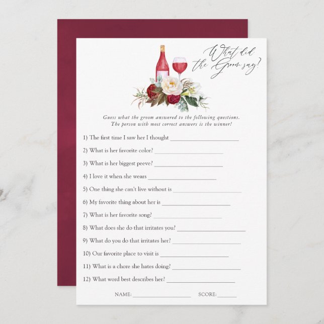 Boho Burgundy Floral Wine Tasting Bridal Shower Invitation (Front/Back)