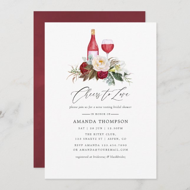 Boho Burgundy Floral Wine Tasting Bridal Shower Invitation (Front/Back)
