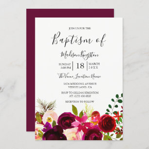 Boho Burgundy Flowers Baptism Invitation
