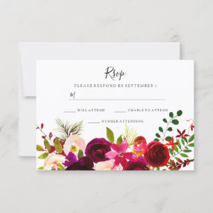 Boho Burgundy Flowers Spring Autumn Wedding RSVP Card