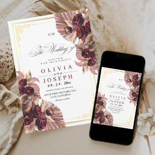 Boho Burgundy Gold Rose Floral Rustic Wedding Invitation