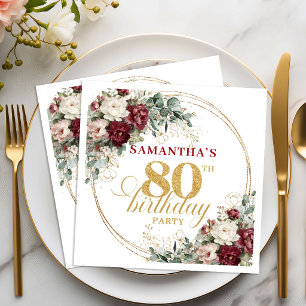 Boho Burgundy Greenery 80th Birthday Napkins