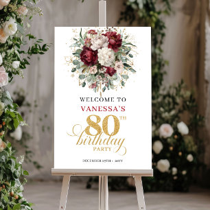 Boho Burgundy Greenery 80th Birthday Welcome Sign