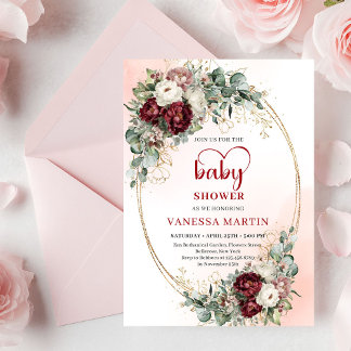 Boho Burgundy Greenery Heart-Shaped Font Baby Show Invitation