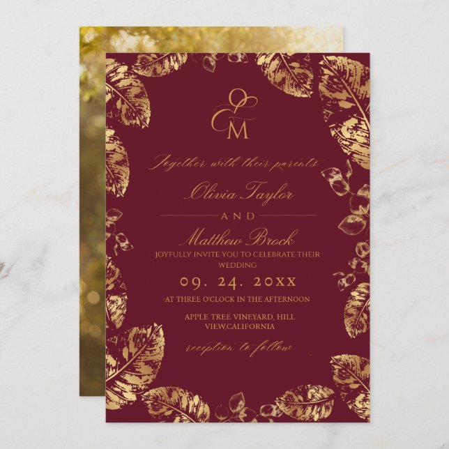 Boho Burgundy Leaf | Elegant Fall Wedding Invitation (Front/Back)