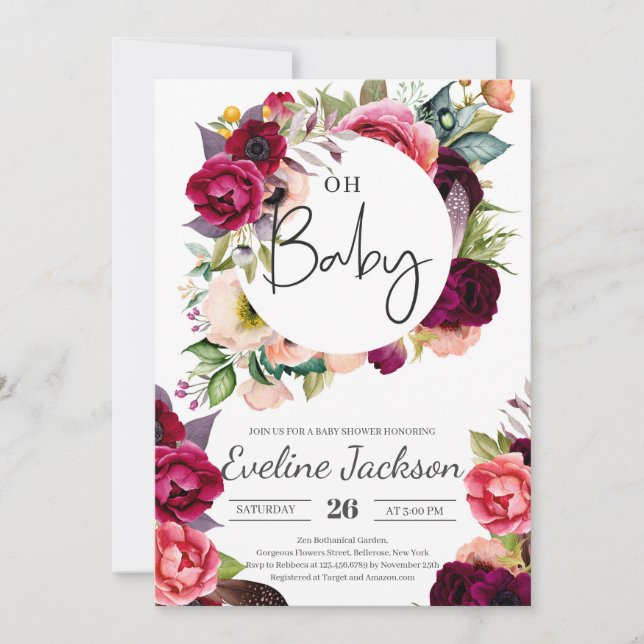 Boho Burgundy Maroon Florals Baby Shower Invite (Front)
