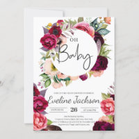 Boho Burgundy Maroon Florals Baby Shower Invite