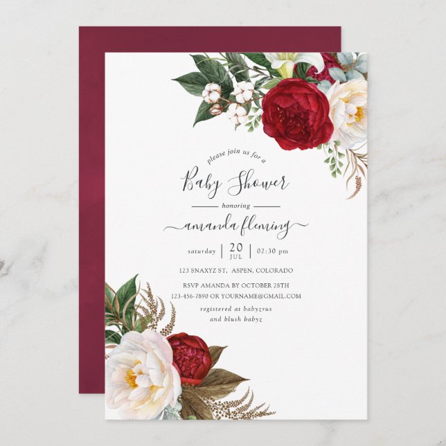 Boho Burgundy - Marsala Floral Baby Shower Invitation (Front/Back)
