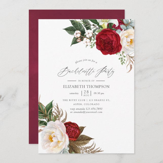 Boho Burgundy - Marsala Floral Bachelorette Party Invitation (Front/Back)
