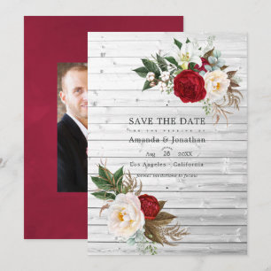 Boho Burgundy - Marsala Floral Bohemian Wedding Save The Date