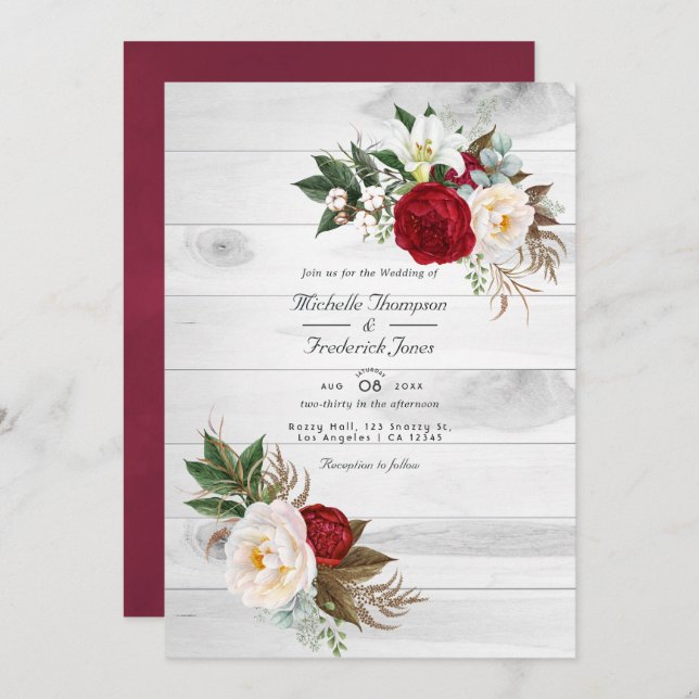Boho Burgundy/Marsala Floral QR Code RSVP Wedding Invitation (Front/Back)