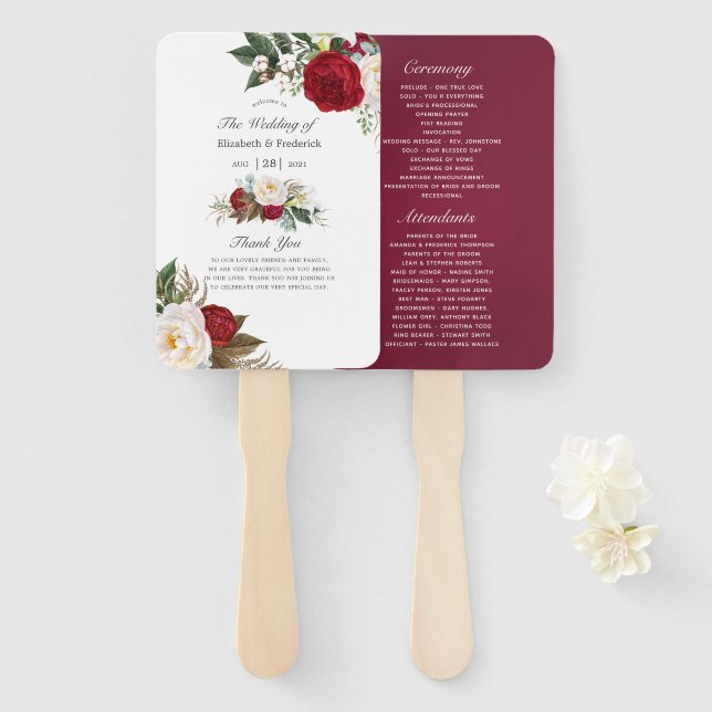 Boho Burgundy - Marsala Floral Wedding Hand Fan (Front and Back)