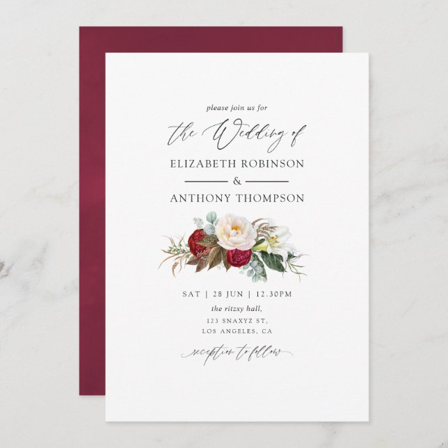 Boho Burgundy - Marsala Floral Wedding Invitation (Front/Back)