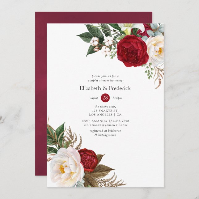 Boho Burgundy - Marsala Floral Wedding Shower Invitation (Front/Back)