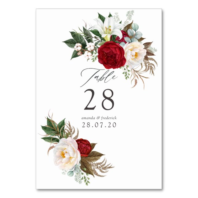 Boho Burgundy - Marsala Floral Wedding Table Number (Front)