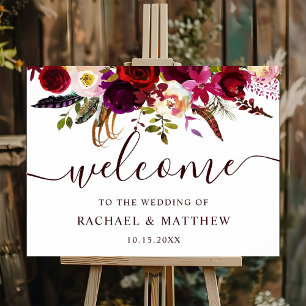 Boho Burgundy Marsala Floral Wedding Welcome Sign