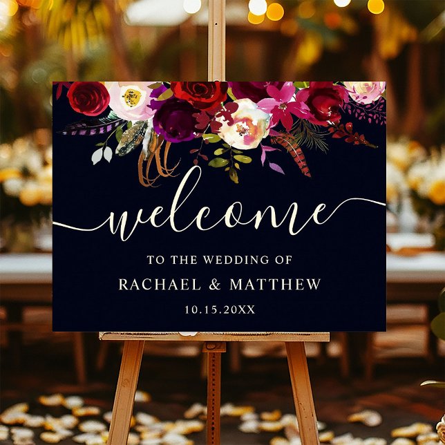 Boho Burgundy Marsala Floral Wedding Welcome Sign (Creator Uploaded)