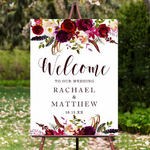 Boho Burgundy Marsala Floral Welcome Wedding Sign