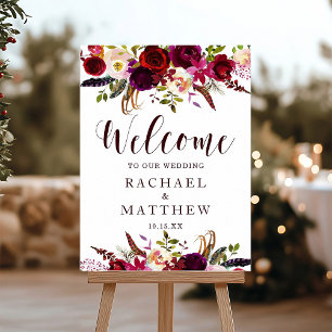 Boho Burgundy Marsala Floral Welcome Wedding Sign