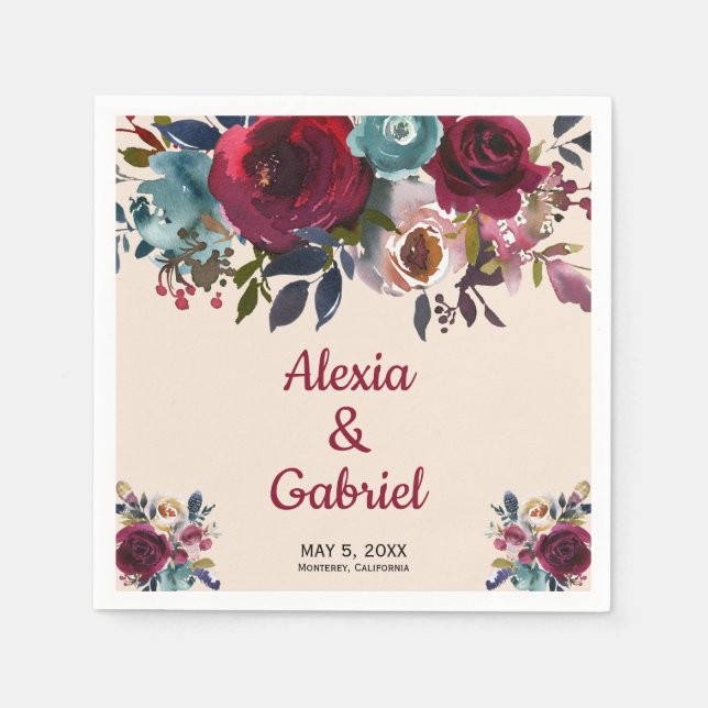 Boho Burgundy Marsala Red Navy Floral Wedding Napkin (Front)