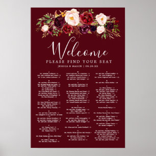 Boho Burgundy Marsala Wedding Seating Chart Sign