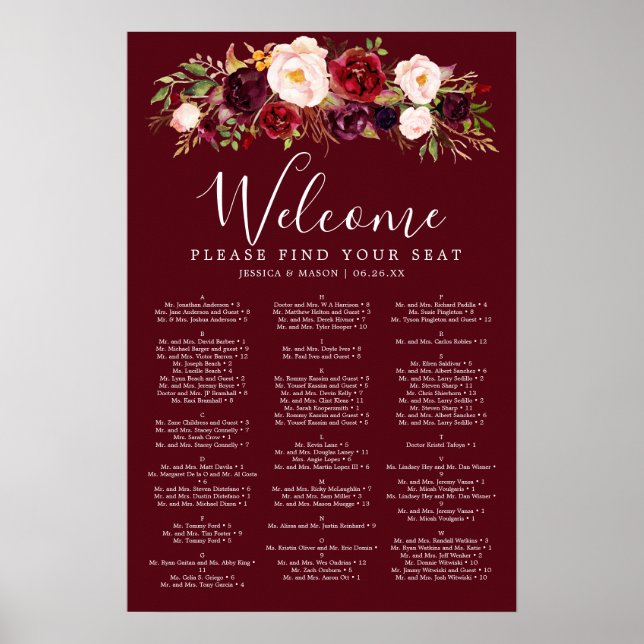 Boho Burgundy Marsala Wedding Seating Chart Sign (Front)