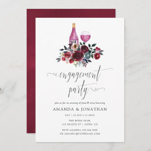 Boho Burgundy & Navy Engagement Party Wine Tasting Invitation