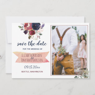 Boho Burgundy Navy Floral Photo ZZ Save The Date