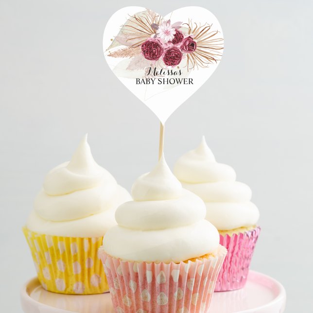 Boho Burgundy Pampas Grass cupcake toppers Heart Sticker (Creator Uploaded)