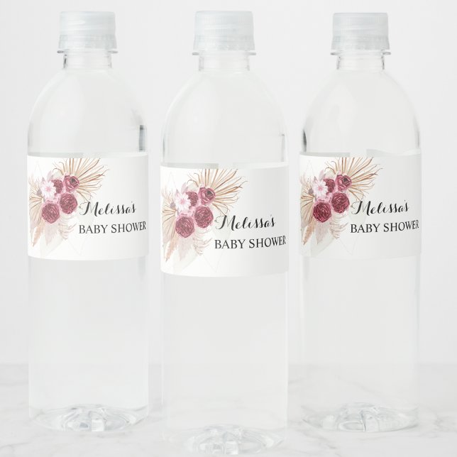 Boho Burgundy Pampas Grass  Water Bottle Label (Creator Uploaded)