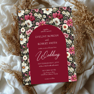 Boho burgundy pink and white wild flowers invitation